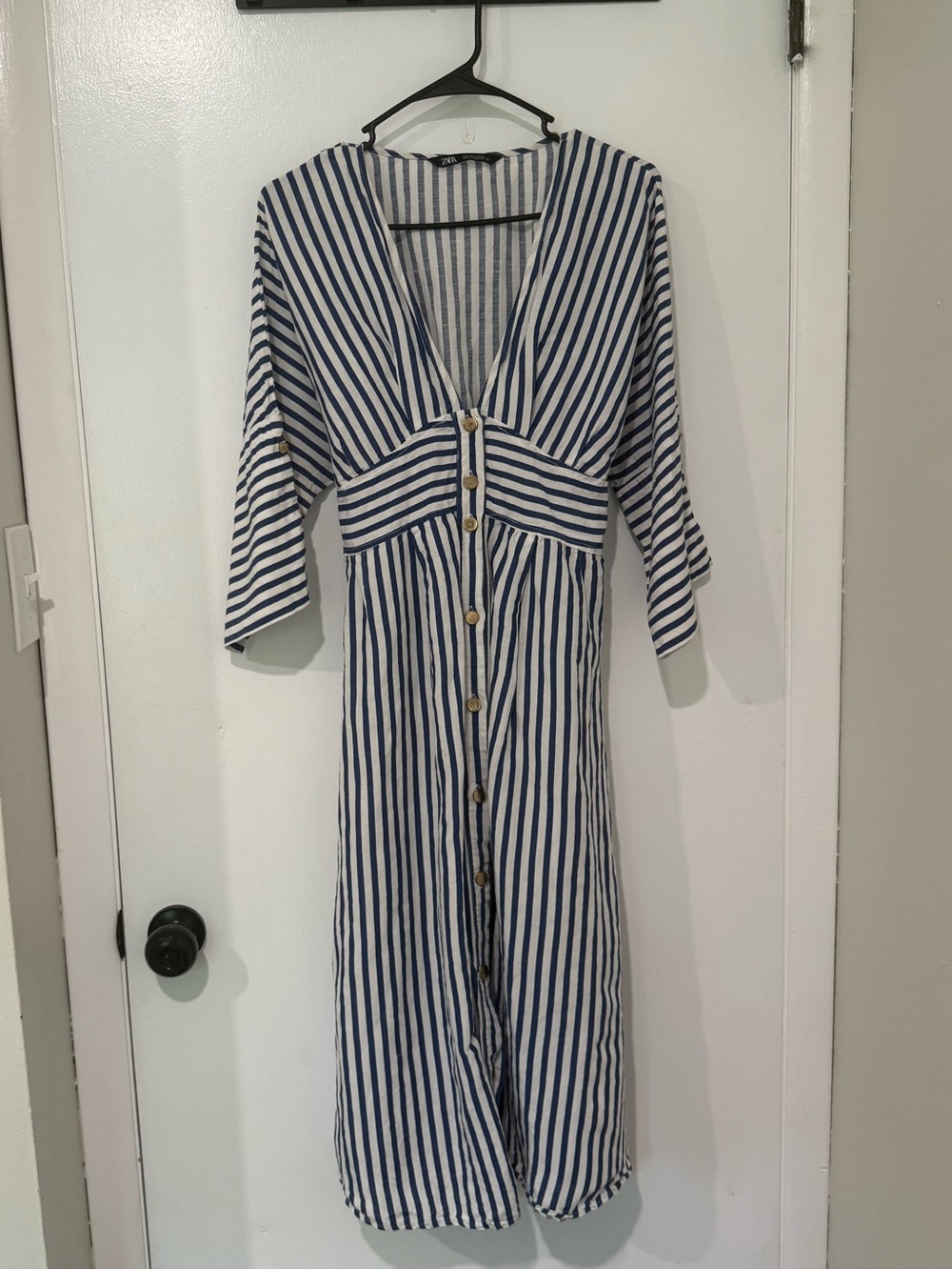 Zara Blue and White Stripped Linen Blend Midi Dress - Picture 3 of 8